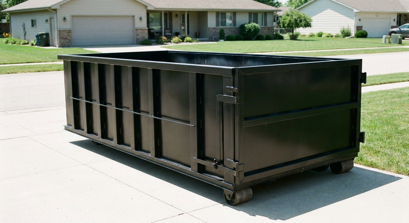 Matte-black 10-yard roll-off dumpster on a residential concrete driveway in Manhattan, uniformly painted matte black across every panel and rail, ribbed steel sidewalls and rear swing door visible, mid-day daylight.