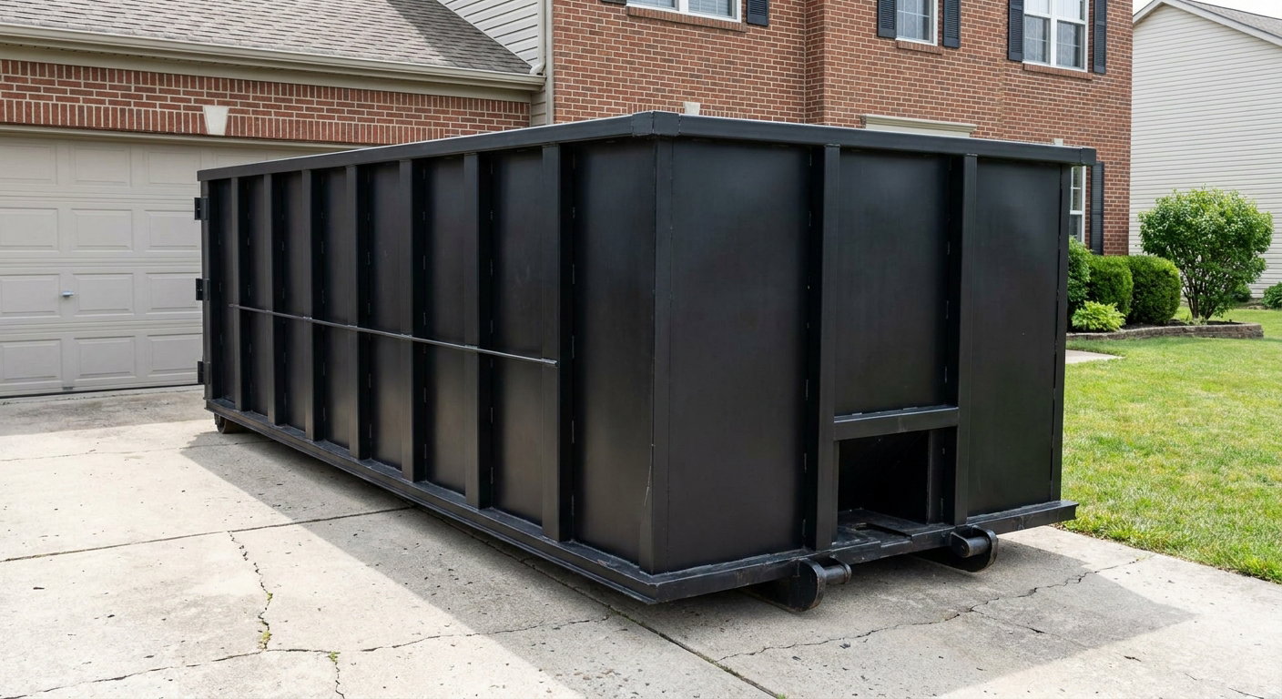 Matte-black 20-yard roll-off container on a Manhattan residential concrete driveway with reinforced ribbed steel sidewalls and a hinged rear walk-in door, clean bright daylight.