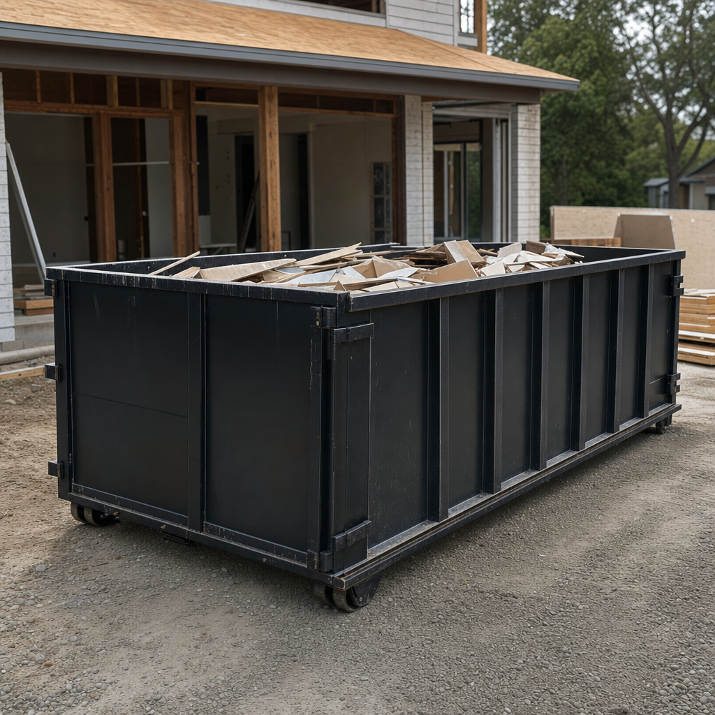 Large matte-black 30-yard construction roll-off dumpster at an active Manhattan jobsite, steel-gray top rails and bottom rollers visible, loaded with construction debris.