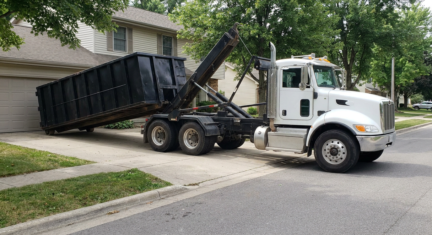 White-cab hooklift roll-off truck actively lowering a matte-black dumpster onto a Manhattan residential concrete driveway, the dumpster's rear wheels touching the driveway as the hoist arm tilts the bed forward, mid-morning daylight.